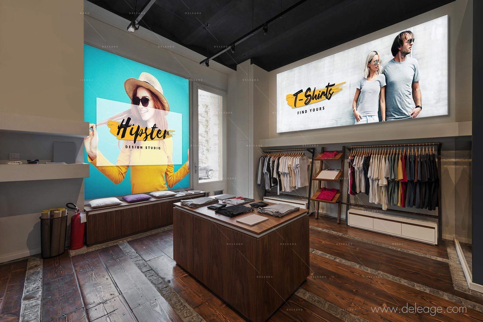 Interior of modern urban fashion clothes t-shirt store
